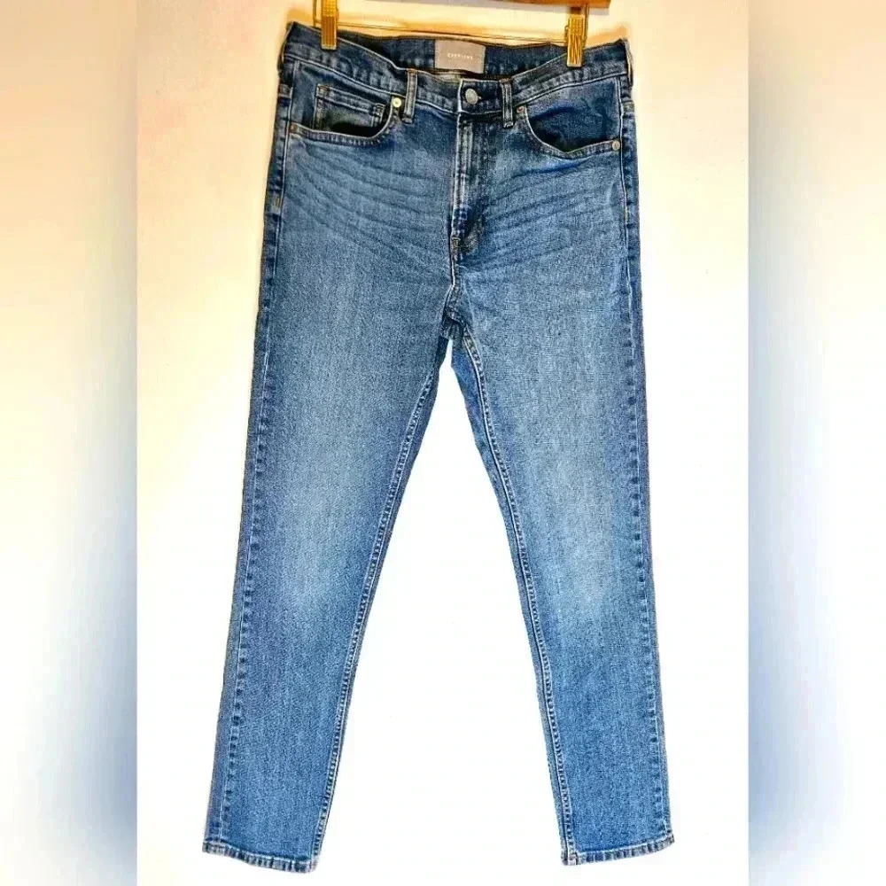 Everlane Slim Straight Blue Denim Stretchy sz 32 eu 9/10 US zipper Metal Button